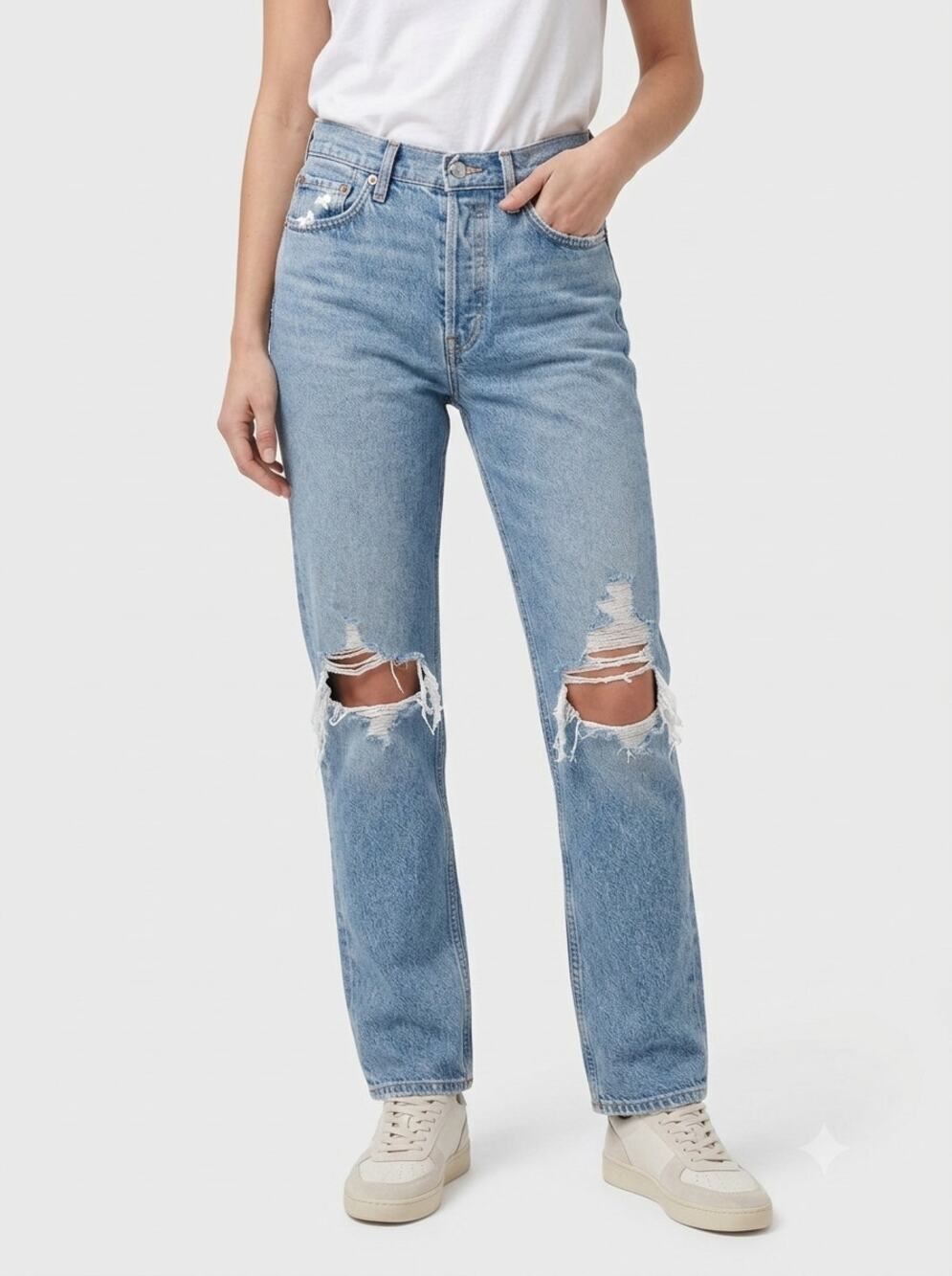 Agolde Wilder Straight Jeans Womens 25 Blue Distresses Denim High Rise Stretch